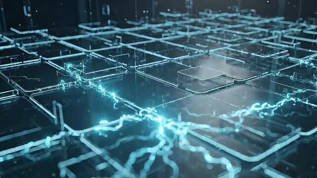 Abstract technology background with glowing electronic circuits and data transmission grid.