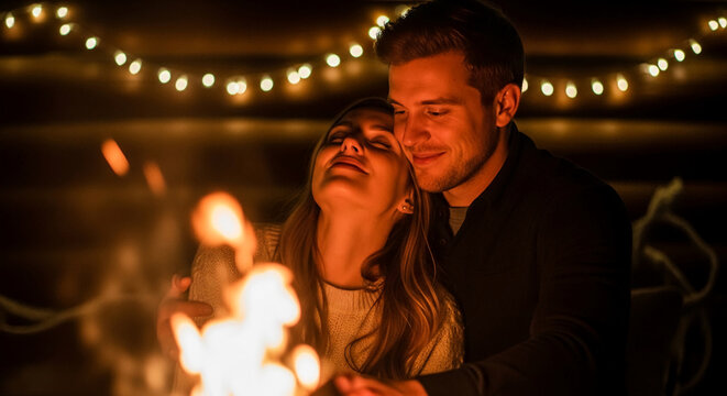 Couple by campfire, romantic mood, warm lights, representing connection, intimacy and love, ideal for lifestyle themes or Valentine's Day