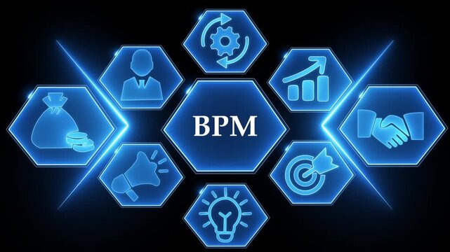 Business Process Management concept with icons in blue hexagons on black background image photo