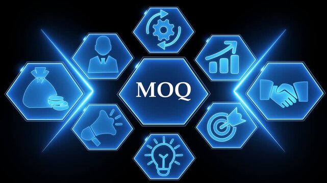 Minimum Order Quantity MOQ Hexagonal Icons with Blue Neon Glow on Dark Background business commerce
