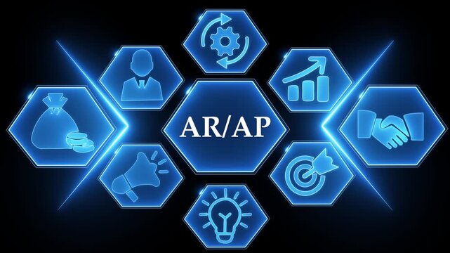 Blue Hexagonal Business Icons with AR/ AP in Center on Dark Blurred Background AR/AP accounts receivable