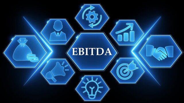 EBITDA Business Concept with Financial Icons and Glowing Blue Hexagons EBITDA earnings before interest taxes depreciation amortization