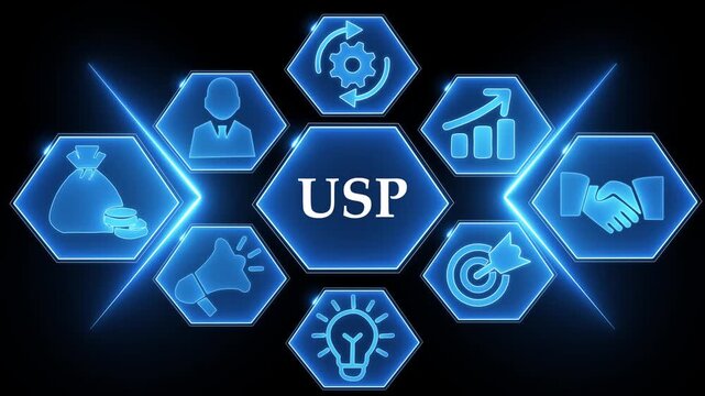 Blue USP Hexagon Infographic with Business Icons and Glowing Lights Unique Selling Proposition marketing