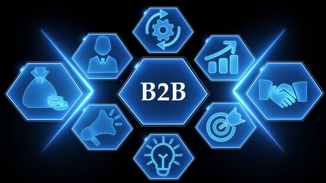 Blue B2 B Hexagon Infographic with Business Icons and Glowing Lights Business to Business commerce