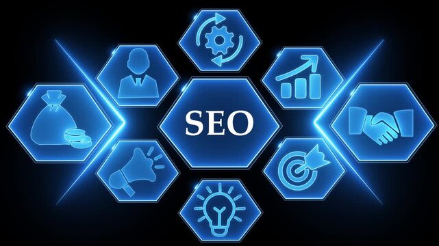 Blue hexagonal infographic with SEO in the center surrounded by icons for business growth and marketing
