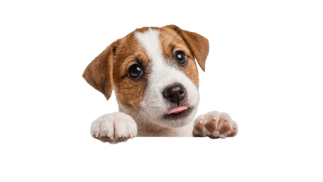 Cute Jack Russell Terrier puppy peeking over a surface, isolated on transparent background