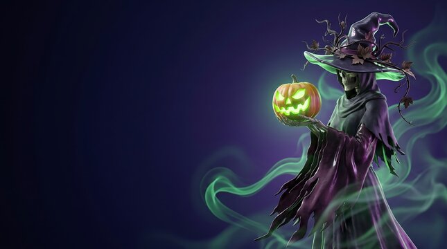 Halloween Skeleton Sorceress Holding Glowing Jack O Lantern Pumpkin