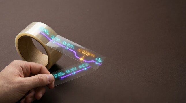 Futuristic holographic digital display tape with colorful icons and data projections interacting with hand and dark background for innovative technology concepts