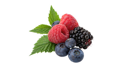 Heap of fresh forest berries with green leaf on transparent background © Jack