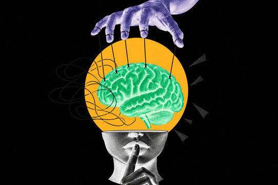 Surreal conceptual art collage featuring a human head with a green brain inside an orange circle, a purple hand reaching down, and a silence gesture representing mental health and psychology themes.