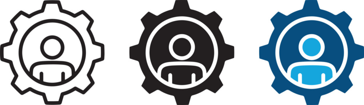 Professional icons of a person avatar inside a gear wheel representing corporate management, human resources and business process.