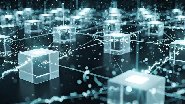 Abstract technology background with glowing cubes connected by glowing network lines.