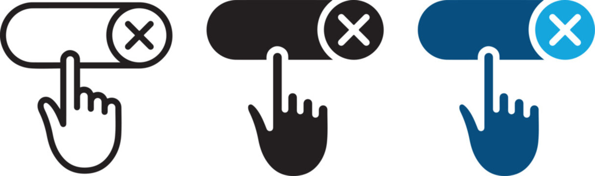 Professional vector icons of a hand cursor clicking a toggle switch with an X to disable functions on a clean interface.
