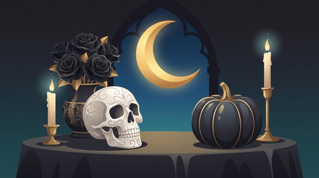 Enchanting Gothic Halloween Display with Intricate Skull, Black Blooms, Lit Candles, and Golden Crescent Moon