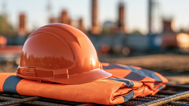 Construction safety orange hard hat safety vest workwear industrial steel building site protection worker equipment Orange hard hat folded safety vest steel reinforcement construction site during