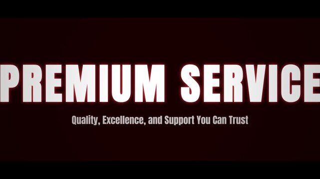 Premium service typography animation, bold white text title screen on dark background, quality excellence support slogan