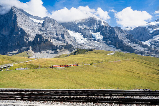 A Train Makes it's Way Down from Jungfraujoch in the Swiss Alps