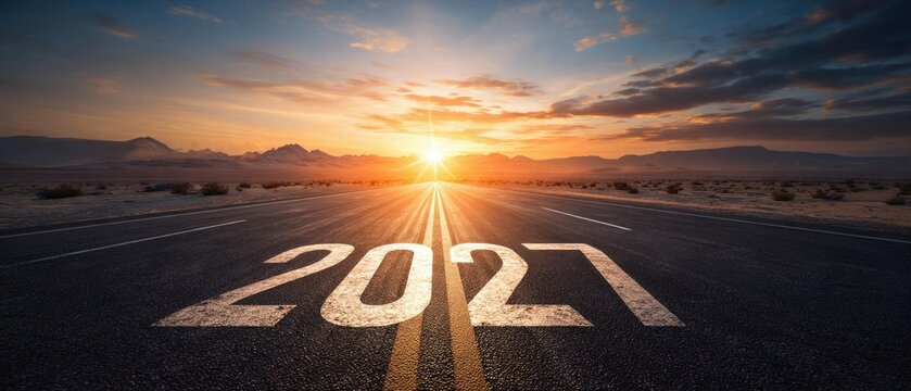 Number 2027 painted on an empty asphalt road heading towards a bright sunrise. Concept of future business plans, life goals, dreams, and New Year resolutions