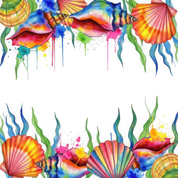 Colorful watercolor seashell and seaweed border with paint splatters illustration