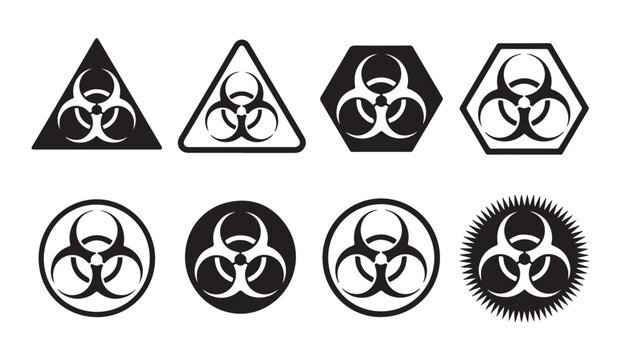 Biological hazard symbols vector set displaying biohazard icons in various geometric shapes for safety labels.