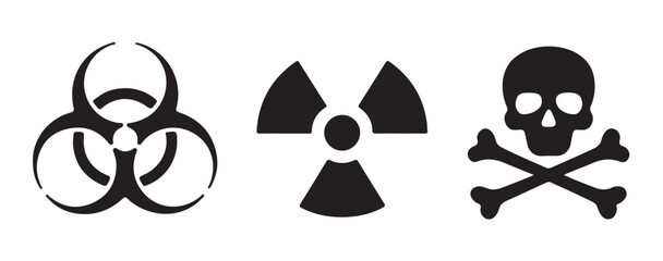 Danger labels featuring biohazard radioactive and toxic skull icons for hazardous material safety signs. © VANU