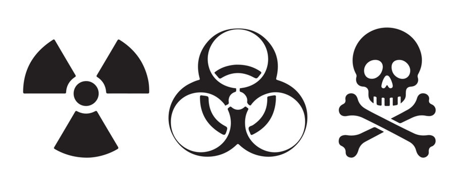 Hazardous materials warning symbols set featuring black radioactive biohazard and toxic skull designs isolated.