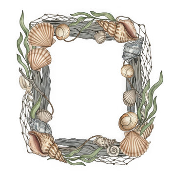 Watercolor seashell frame with driftwood, fishing net and seaweed illustration 