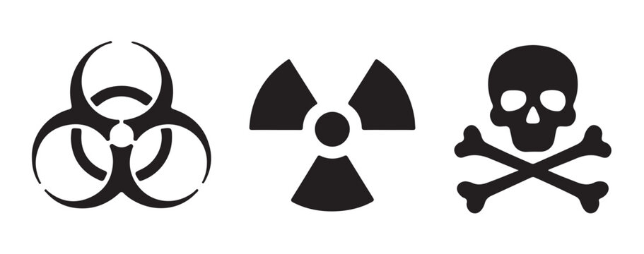Danger labels featuring biohazard radioactive and toxic skull icons for hazardous material safety signs.