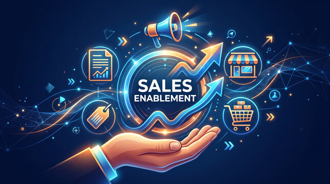 Hand holding a glowing circle with sales enablement icons and an upward arrow, representing growth and business success.