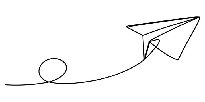 Simple black paper airplane drawing with a looping flight path line