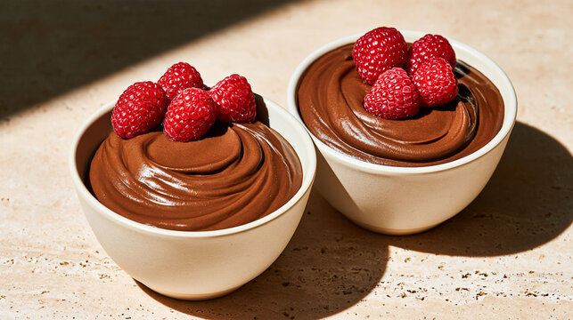 Chocolate mousse in white bowls topped with fresh raspberries on table  