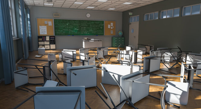 Classroom with overturned desks chaos 3d