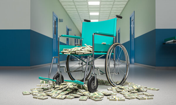 Wheelchair filled with money 3d healthcare costs