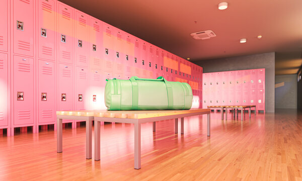 Green sports bag on bench pink changing room 3d