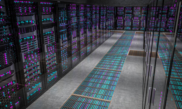 Data center server racks storing big data 3d
