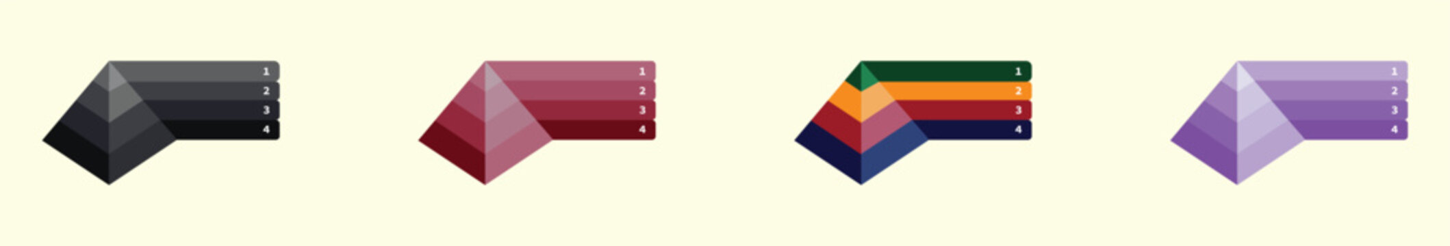  Blank 4 tier pyramid chart vector concepts set. Blank four level f design