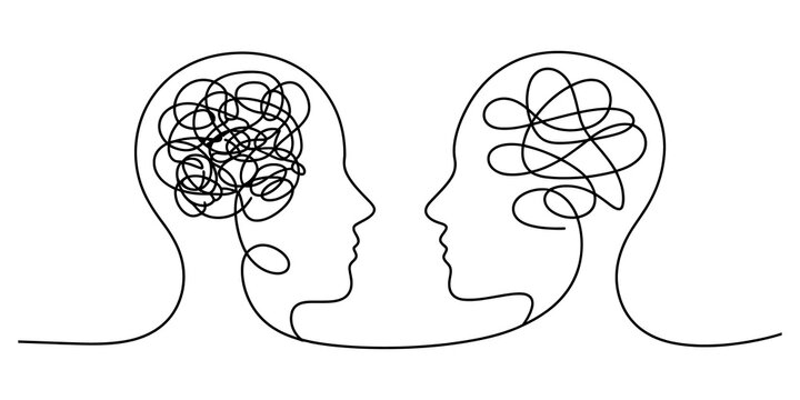 Two human heads with messy tangled thoughts drawn in a continuous line style