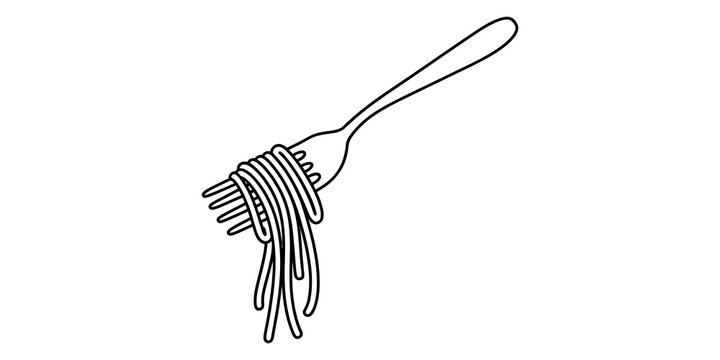 Simple line drawing of a metal fork with spaghetti noodles wrapped around it
