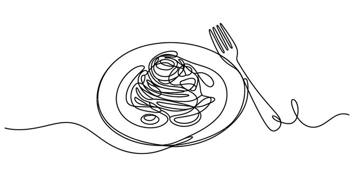 Continuous single line drawing of a plate of pasta with a fork