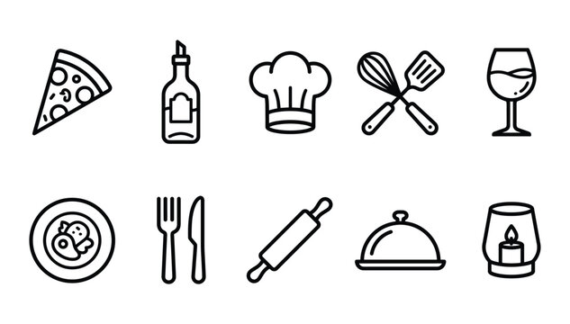 Minimalist black linear restaurant dining kitchen cutlery and gourmet Italian pizzeria cooking equipment icon set on white background