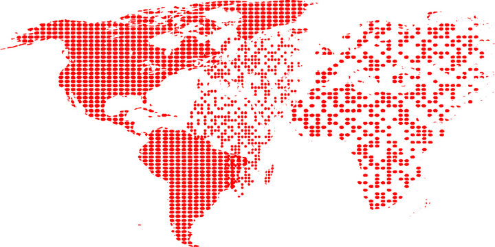 A world map depicted with red dots, showcasing a global distribution of information or population density, presented in a stylized, abstract graphic representation.