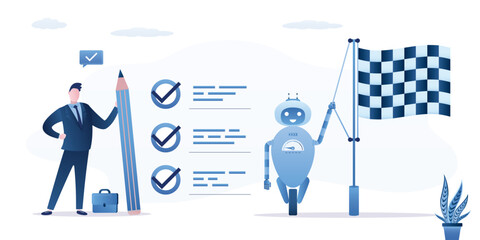 Naklejka na ściany i meble Businessman holding giant pencil stands near completed checklist, while AI robot assistant raises checkered finish flag to celebrate task completion and AI automation success