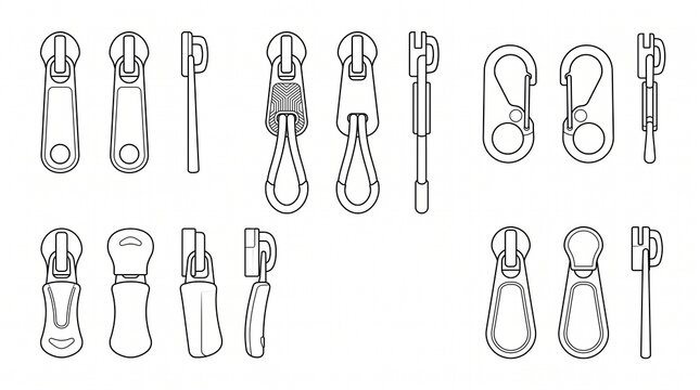 Set of Zipper Sliders and Pull Tabs Outline Vector Icons for Clothing and Bag Design