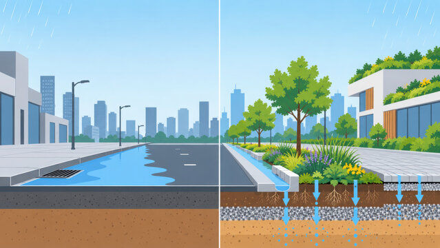 Smart city design shows sponge infrastructure absorbing rainwater to reduce flooding and support green urban environment
