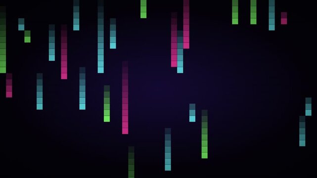 Digital rain effect with falling pixelated lines of green blue and pink on a dark gradient background