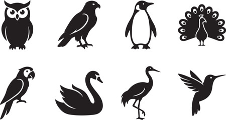 Fototapeta premium Set of black bird icons featuring an owl, eagle, penguin, peacock, parrot, swan, crane, and hummingbird on a clean white background