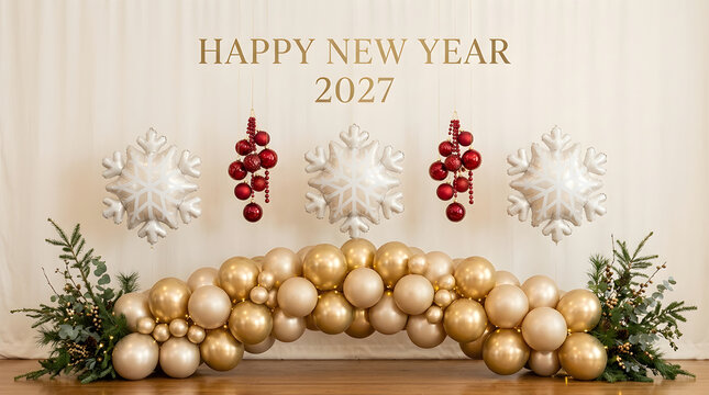 A stunning and elegant new year's eve celebration backdrop featuring shimmering gold balloons festive decorations and a joyful atmosphere marking