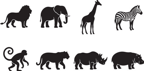 Fototapeta premium Set of black wild animal icons featuring a lion, elephant, giraffe, zebra, monkey, tiger, rhinoceros, and hippopotamus on white background
