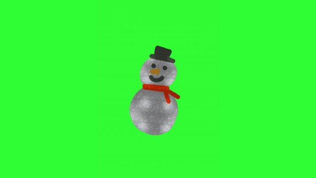 Cute animated snowman with a black top hat, orange scarf, carrot nose, and smiling face moving on a bright green screen background.