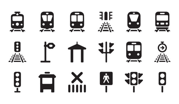 Train station transport icons set featuring black symbols on transparent background for navigation and transit signs.
